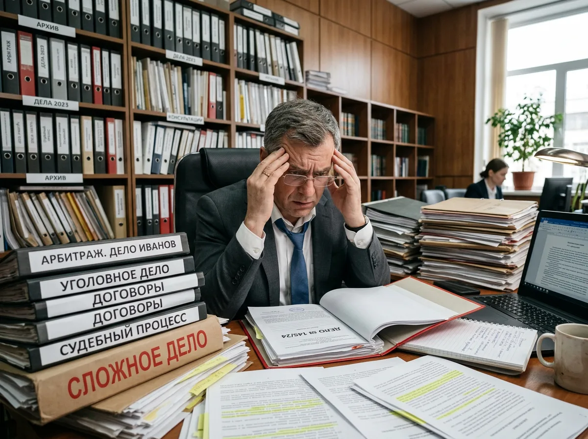 Человек с озабоченным видом перед папками с документами в юридическом офисе, сложный случай